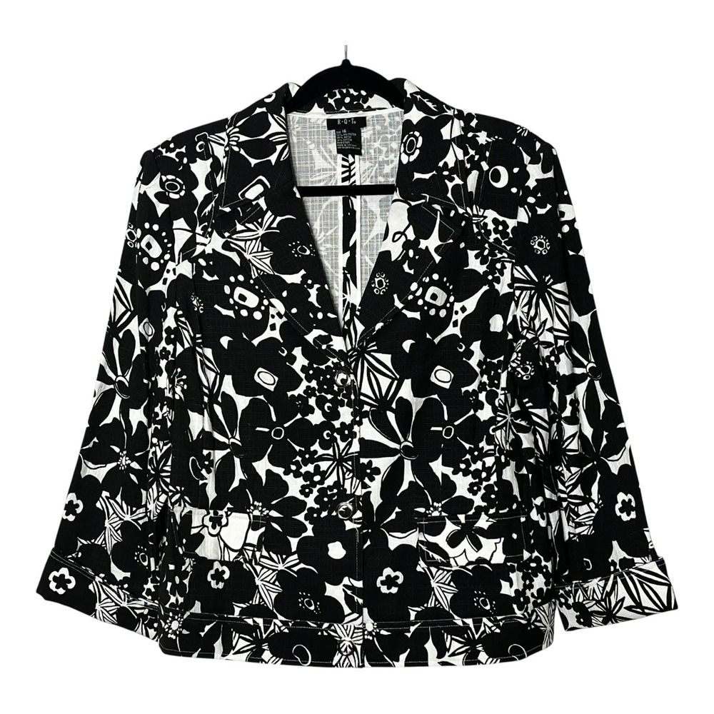 RQT Womens Black White Floral Blazer Jacket Size 16 3/4 Sleeve Retro Mod Print